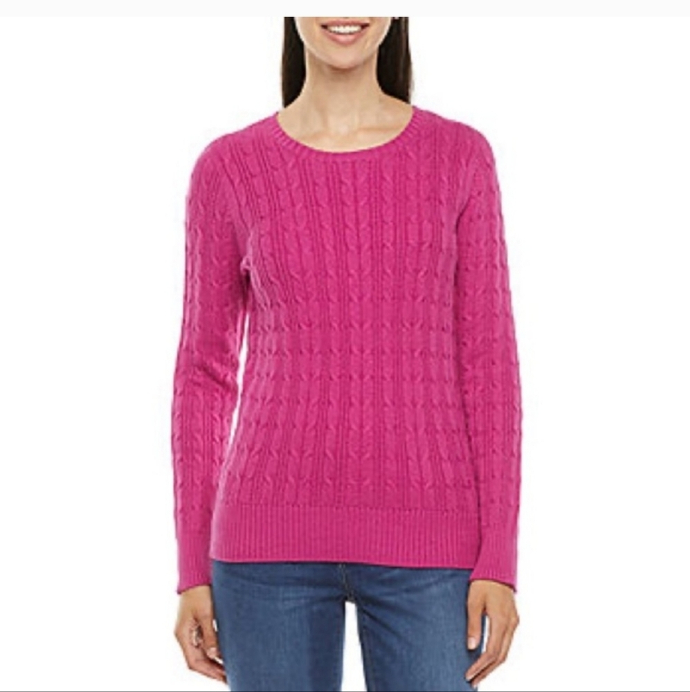 St Johns Bay Classic Womens Cotton Chunky Cable Knit Sweater Pink Petite XL Y2k - Picture 1 of 7